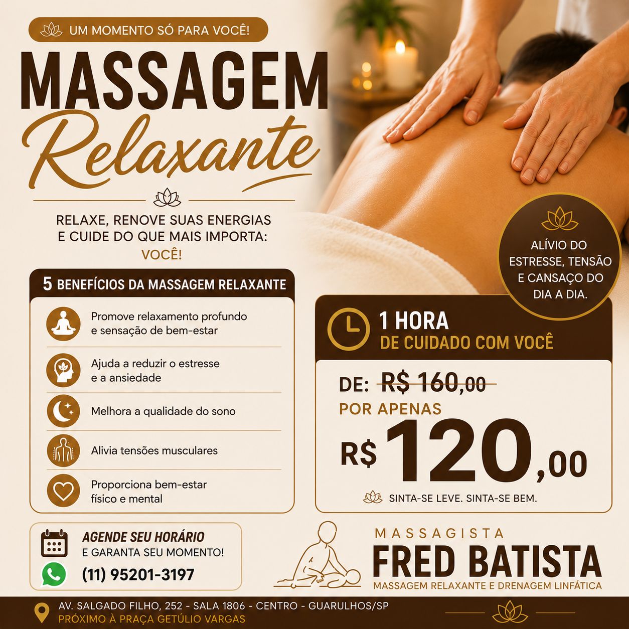 Promoção de massagem relaxante em Guarulhos com Fred Batista: sessão de 1 hora por R$ 120